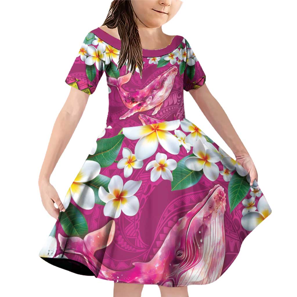 Hawaiian Plumeria and Humpback Whales Family Matching Off Shoulder Short Dress and Hawaiian Shirt Polynerian Art Tattoo-Plum Pink Color LT03 Daughter's Dress Pink - Polynesian Pride
