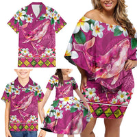 Hawaiian Plumeria and Humpback Whales Family Matching Off Shoulder Short Dress and Hawaiian Shirt Polynerian Art Tattoo-Plum Pink Color LT03 - Polynesian Pride