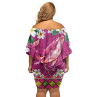 Hawaiian Plumeria and Humpback Whales Family Matching Off Shoulder Short Dress and Hawaiian Shirt Polynerian Art Tattoo-Plum Pink Color LT03 - Polynesian Pride