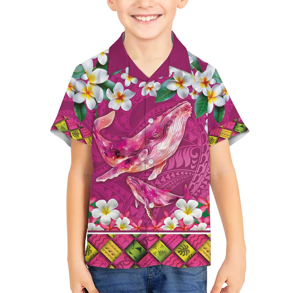 Hawaiian Plumeria and Humpback Whales Family Matching Off Shoulder Short Dress and Hawaiian Shirt Polynerian Art Tattoo-Plum Pink Color LT03 Son's Shirt Pink - Polynesian Pride