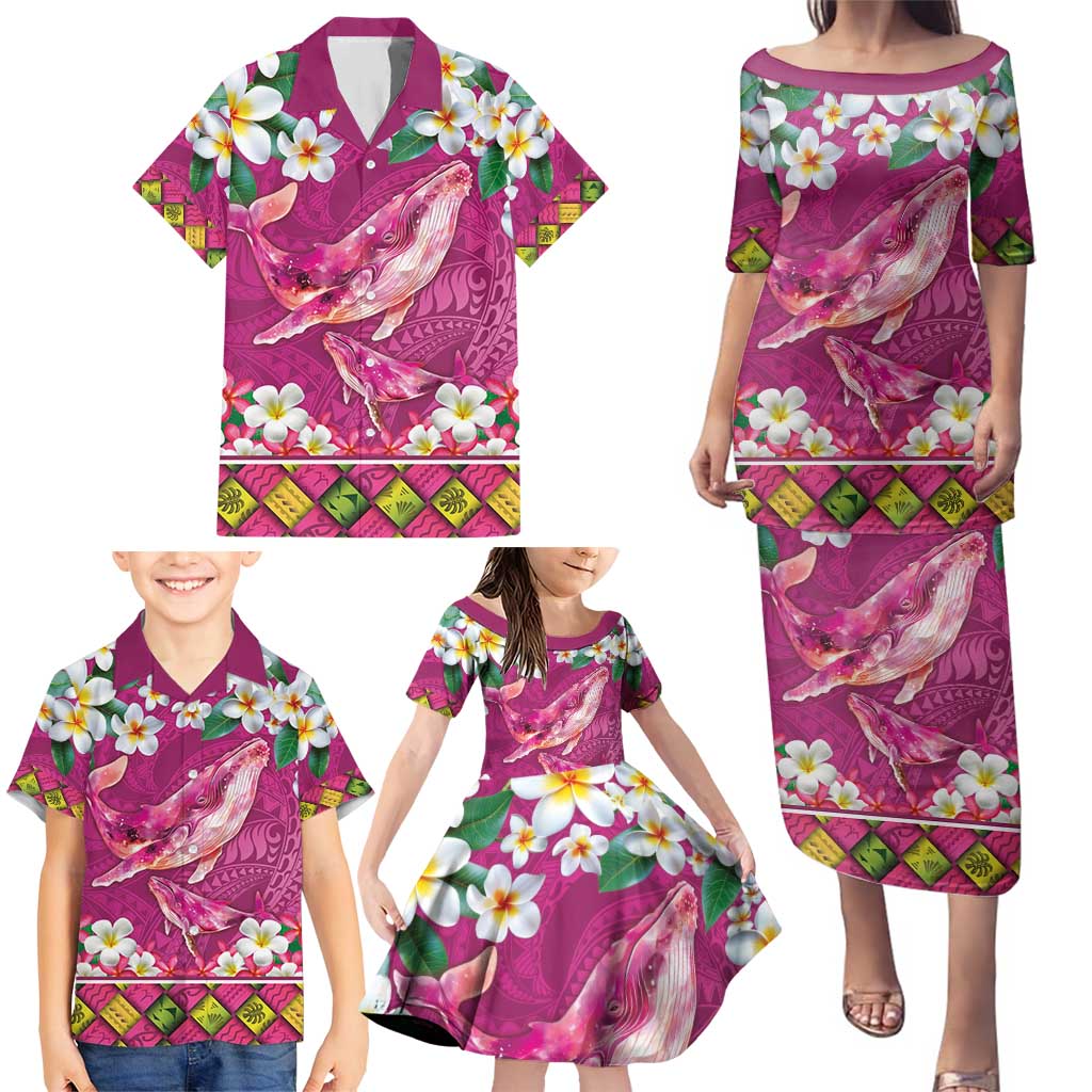 Hawaiian Plumeria and Humpback Whales Family Matching Puletasi and Hawaiian Shirt Polynerian Art Tattoo-Plum Pink Color LT03 - Polynesian Pride