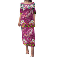 Hawaiian Plumeria and Humpback Whales Family Matching Puletasi and Hawaiian Shirt Polynerian Art Tattoo-Plum Pink Color LT03 Mom's Dress Pink - Polynesian Pride