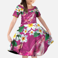 Hawaiian Plumeria and Humpback Whales Family Matching Short Sleeve Bodycon Dress and Hawaiian Shirt Polynerian Art Tattoo-Plum Pink Color LT03 Daughter's Dress Pink - Polynesian Pride