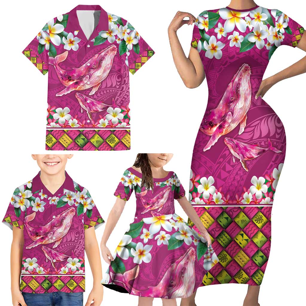 Hawaiian Plumeria and Humpback Whales Family Matching Short Sleeve Bodycon Dress and Hawaiian Shirt Polynerian Art Tattoo-Plum Pink Color LT03 - Polynesian Pride
