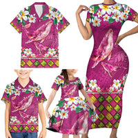 Hawaiian Plumeria and Humpback Whales Family Matching Short Sleeve Bodycon Dress and Hawaiian Shirt Polynerian Art Tattoo-Plum Pink Color LT03 - Polynesian Pride