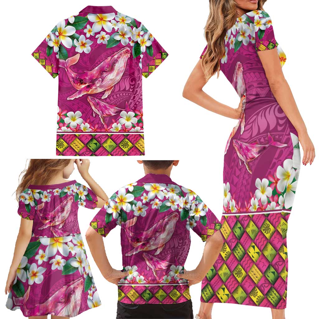 Hawaiian Plumeria and Humpback Whales Family Matching Short Sleeve Bodycon Dress and Hawaiian Shirt Polynerian Art Tattoo-Plum Pink Color LT03 - Polynesian Pride
