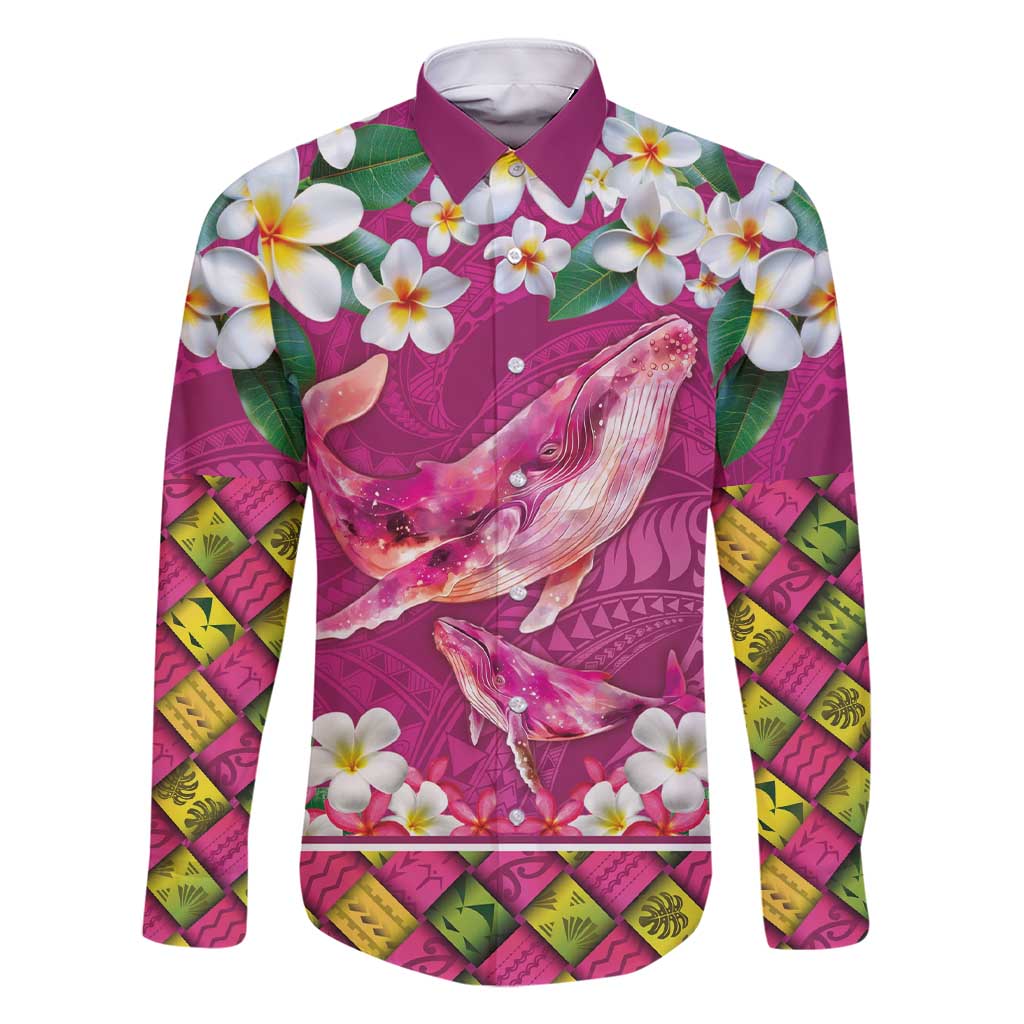 Hawaiian Plumeria and Humpback Whales Family Matching Short Sleeve Bodycon Dress and Hawaiian Shirt Polynerian Art Tattoo-Plum Pink Color LT03 Dad's Shirt - Long Sleeve Pink - Polynesian Pride
