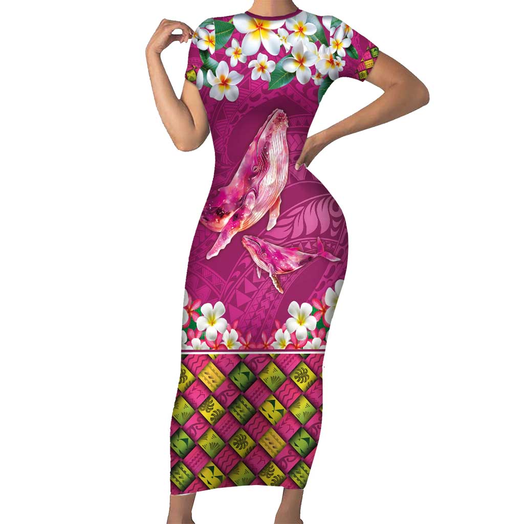 Hawaiian Plumeria and Humpback Whales Family Matching Short Sleeve Bodycon Dress and Hawaiian Shirt Polynerian Art Tattoo-Plum Pink Color LT03 Mom's Dress Pink - Polynesian Pride