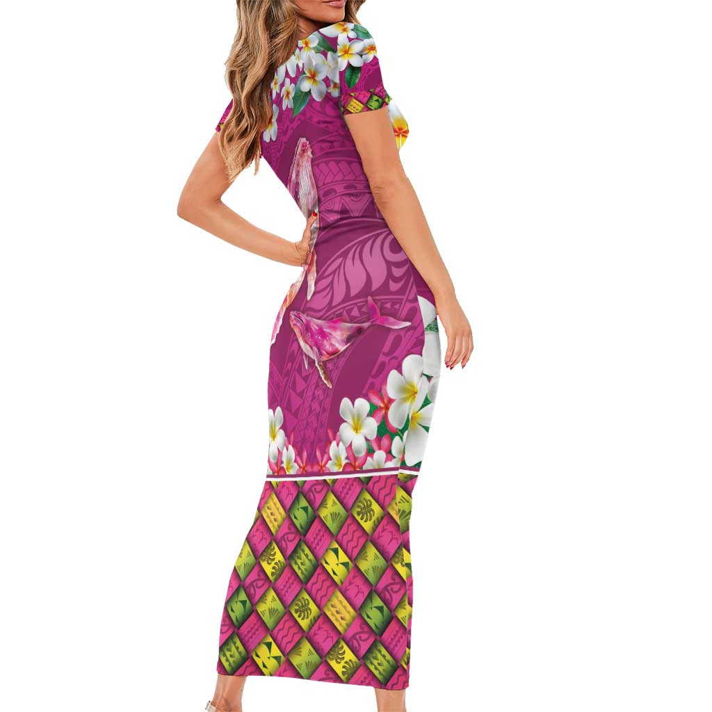 Hawaiian Plumeria and Humpback Whales Family Matching Short Sleeve Bodycon Dress and Hawaiian Shirt Polynerian Art Tattoo-Plum Pink Color LT03 - Polynesian Pride