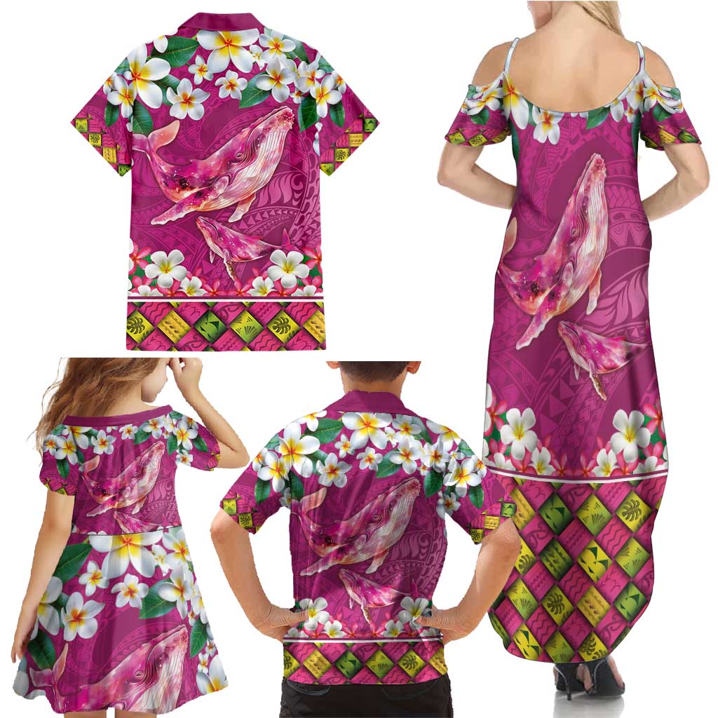 Hawaiian Plumeria and Humpback Whales Family Matching Summer Maxi Dress and Hawaiian Shirt Polynerian Art Tattoo-Plum Pink Color LT03 - Polynesian Pride