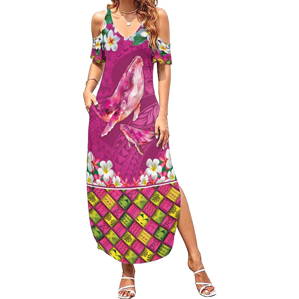 Hawaiian Plumeria and Humpback Whales Family Matching Summer Maxi Dress and Hawaiian Shirt Polynerian Art Tattoo-Plum Pink Color LT03 Mom's Dress Pink - Polynesian Pride