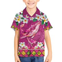 Hawaiian Plumeria and Humpback Whales Family Matching Summer Maxi Dress and Hawaiian Shirt Polynerian Art Tattoo-Plum Pink Color LT03 Son's Shirt Pink - Polynesian Pride