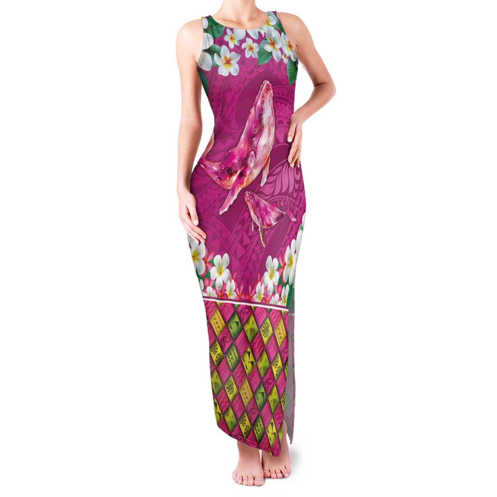 Hawaiian Plumeria and Humpback Whales Family Matching Tank Maxi Dress and Hawaiian Shirt Polynerian Art Tattoo-Plum Pink Color LT03 Mom's Dress Pink - Polynesian Pride
