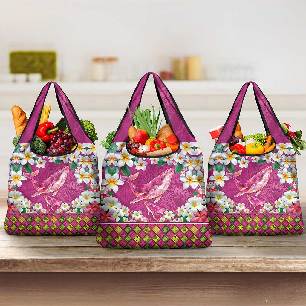 Hawaiian Plumeria and Humpback Whales Grocery Bag Polynerian Art Tattoo-Plum Pink Color