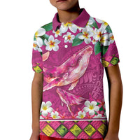 Hawaiian Plumeria and Humpback Whales Kid Polo Shirt Polynerian Art Tattoo-Plum Pink Color