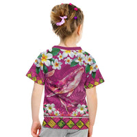 Hawaiian Plumeria and Humpback Whales Kid T Shirt Polynerian Art Tattoo-Plum Pink Color