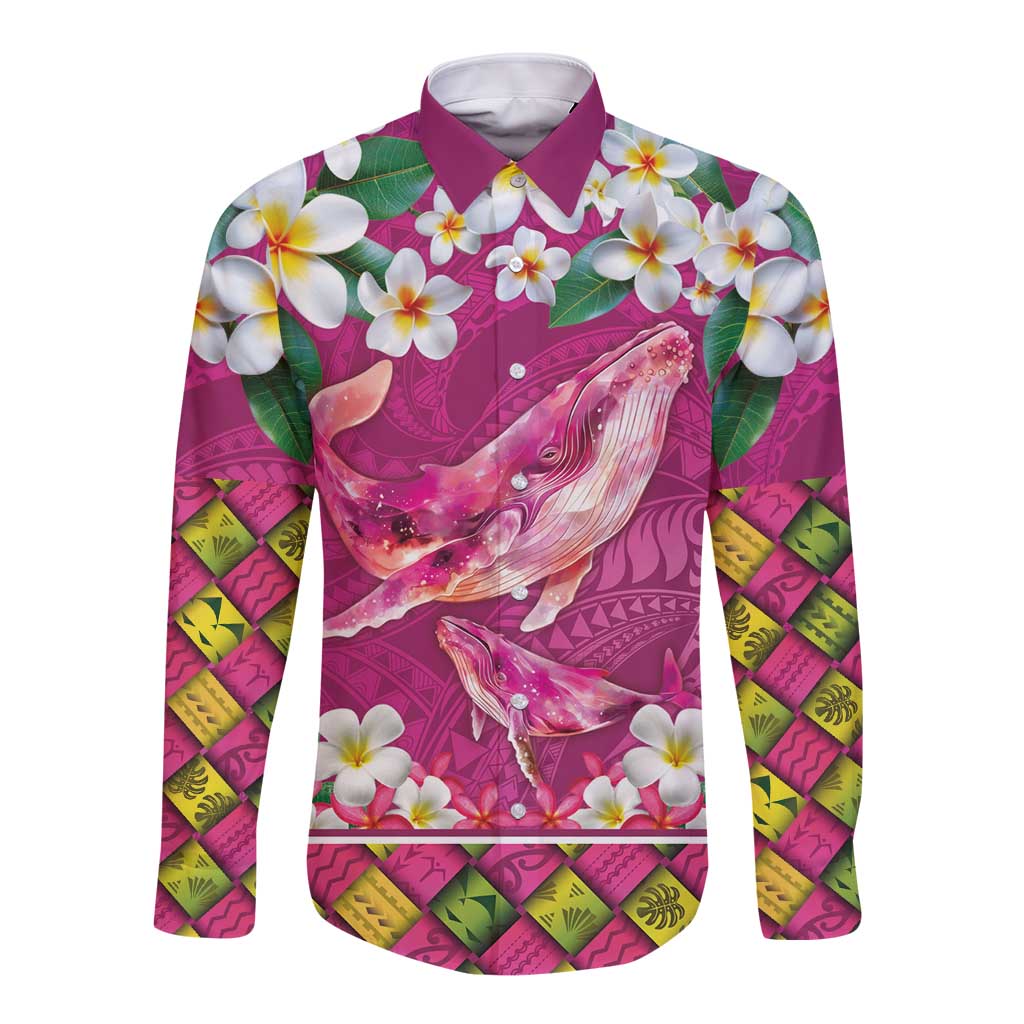 Hawaiian Plumeria and Humpback Whales Long Sleeve Button Shirt Polynerian Art Tattoo-Plum Pink Color