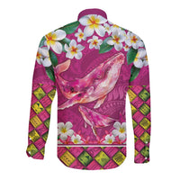 Hawaiian Plumeria and Humpback Whales Long Sleeve Button Shirt Polynerian Art Tattoo-Plum Pink Color