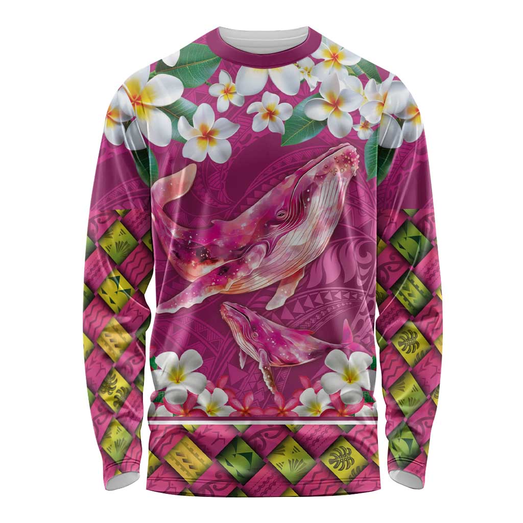 Hawaiian Plumeria and Humpback Whales Long Sleeve Shirt Polynerian Art Tattoo-Plum Pink Color