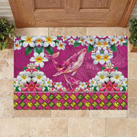 Hawaiian Plumeria and Humpback Whales Rubber Doormat Polynerian Art Tattoo-Plum Pink Color
