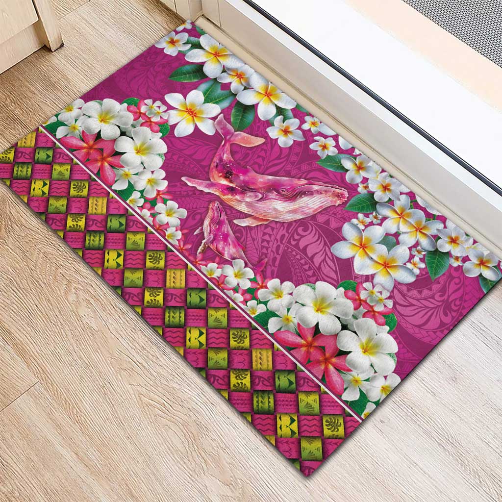 Hawaiian Plumeria and Humpback Whales Rubber Doormat Polynerian Art Tattoo-Plum Pink Color