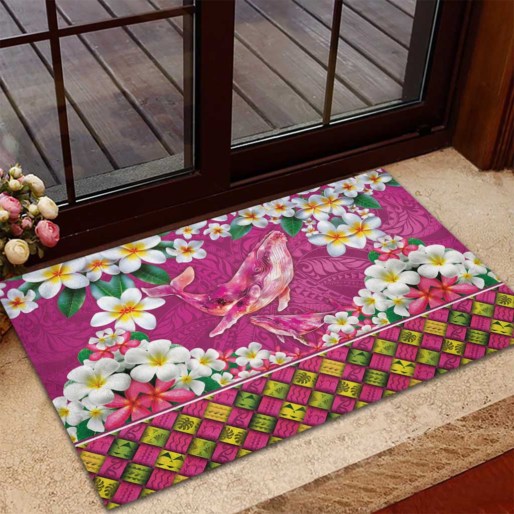 Hawaiian Plumeria and Humpback Whales Rubber Doormat Polynerian Art Tattoo-Plum Pink Color