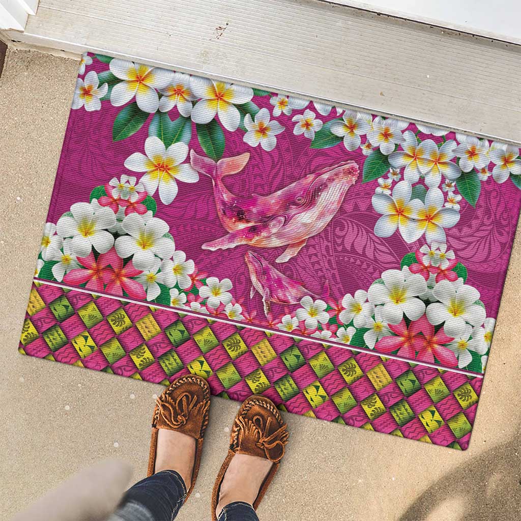 Hawaiian Plumeria and Humpback Whales Rubber Doormat Polynerian Art Tattoo-Plum Pink Color