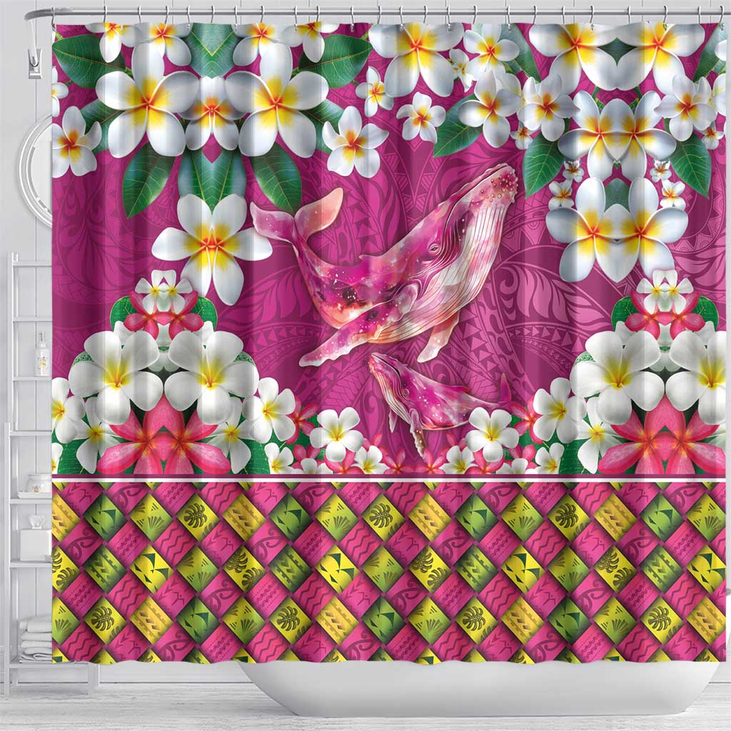 Hawaiian Plumeria and Humpback Whales Shower Curtain Polynerian Art Tattoo-Plum Pink Color