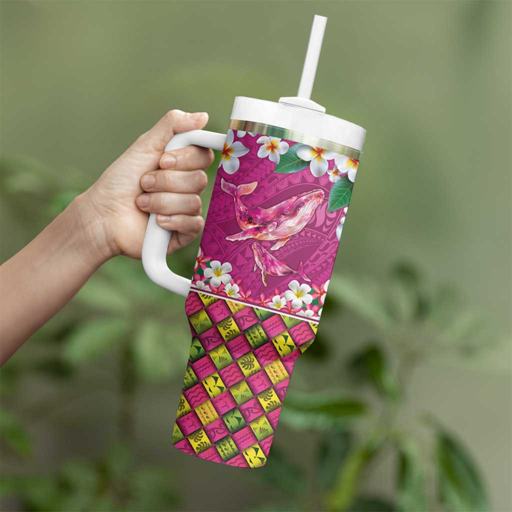 Hawaiian Plumeria and Humpback Whales Tumbler With Handle Polynerian Art Tattoo-Plum Pink Color