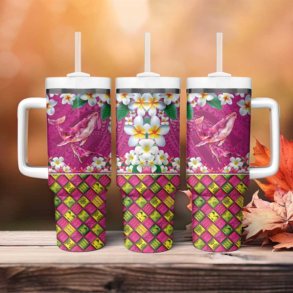 Hawaiian Plumeria and Humpback Whales Tumbler With Handle Polynerian Art Tattoo-Plum Pink Color