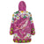 Hawaiian Plumeria and Humpback Whales Wearable Blanket Hoodie Polynerian Art Tattoo-Plum Pink Color