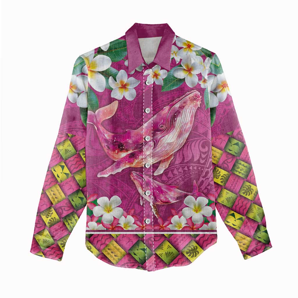 Hawaiian Plumeria and Humpback Whales Women Casual Shirt Polynerian Art Tattoo-Plum Pink Color LT03 - Polynesian Pride