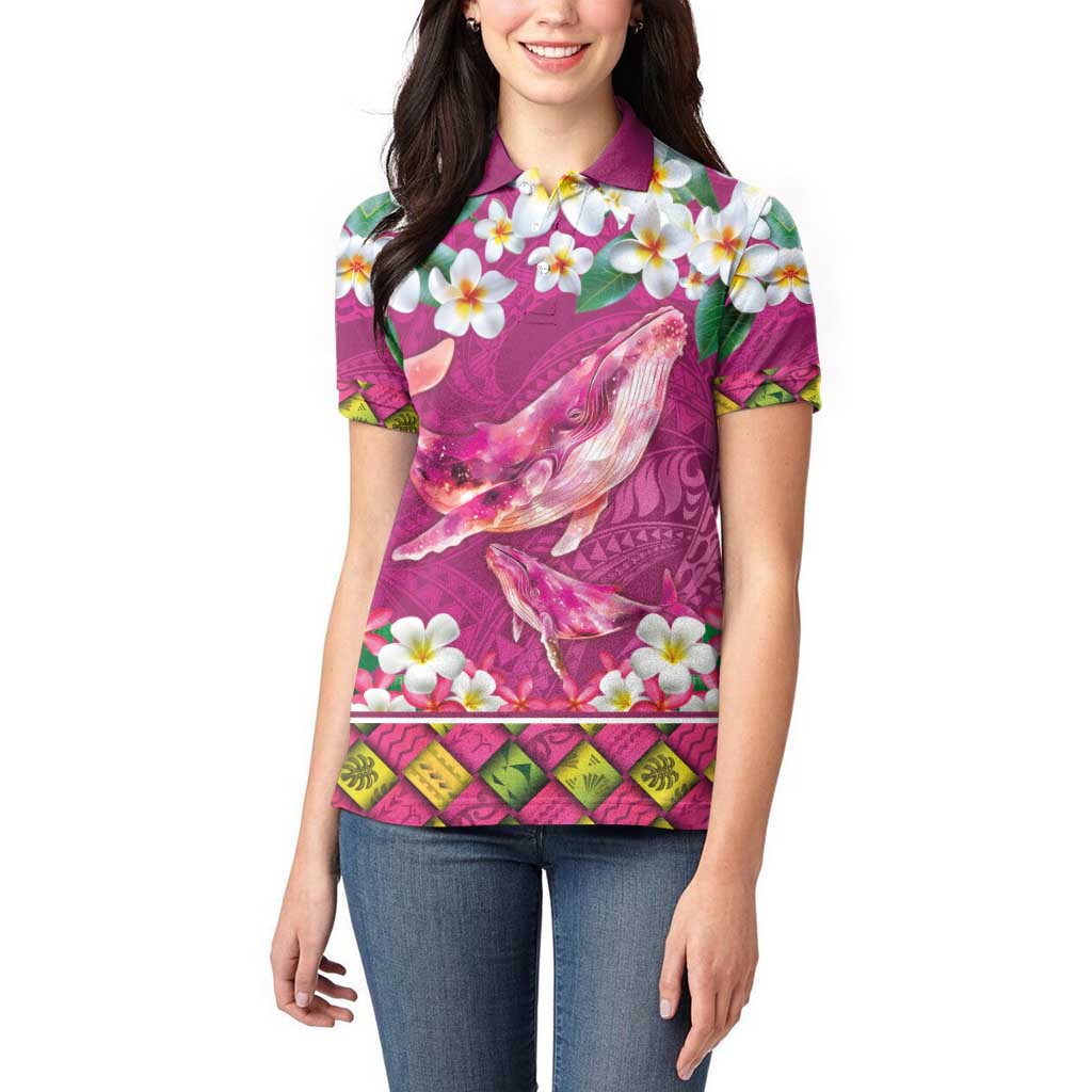 Hawaiian Plumeria and Humpback Whales Women Polo Shirt Polynerian Art Tattoo-Plum Pink Color LT03 - Polynesian Pride