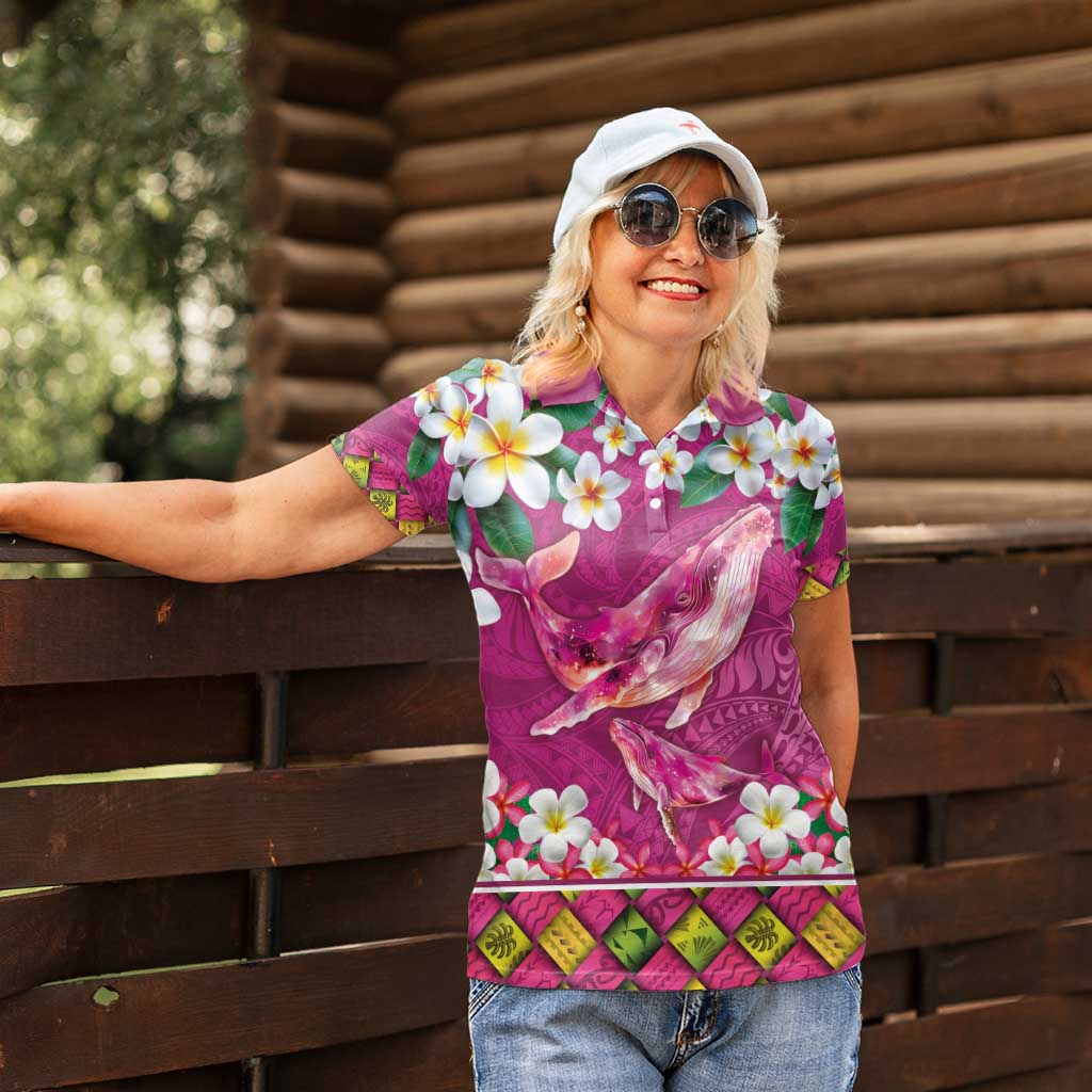 Hawaiian Plumeria and Humpback Whales Women Polo Shirt Polynerian Art Tattoo-Plum Pink Color LT03 - Polynesian Pride