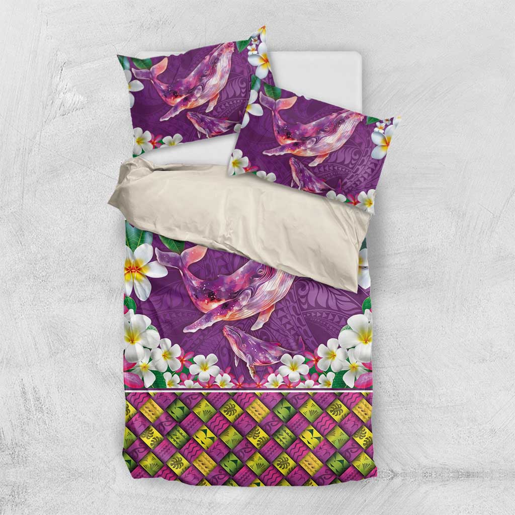 Hawaiian Plumeria and Humpback Whales Bedding Set Polynerian Art Tattoo-Mauve Color