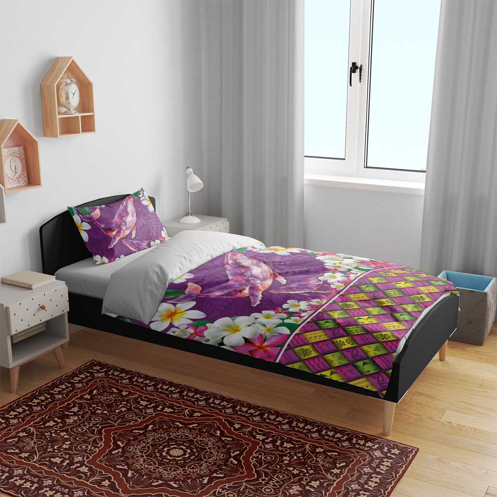 Hawaiian Plumeria and Humpback Whales Bedding Set Polynerian Art Tattoo-Mauve Color