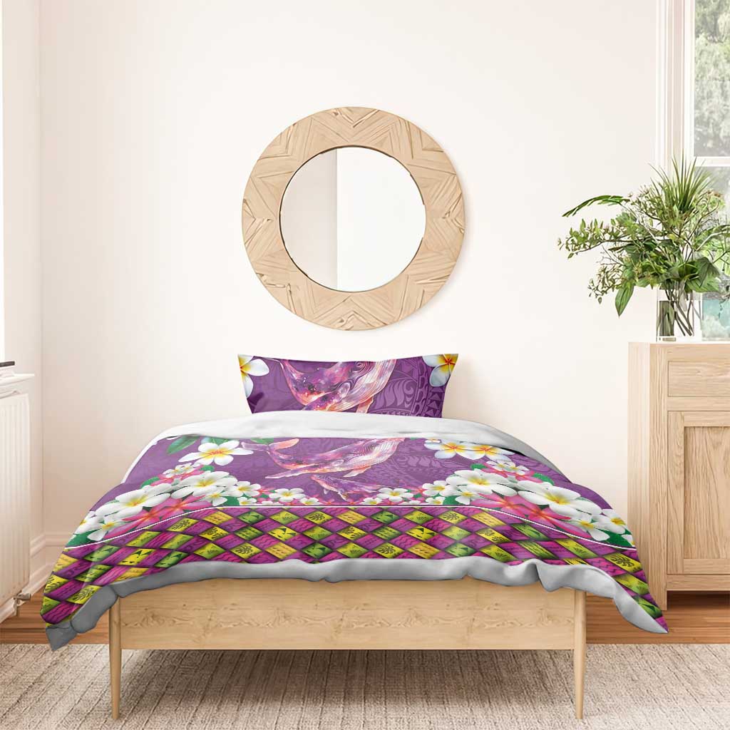 Hawaiian Plumeria and Humpback Whales Bedding Set Polynerian Art Tattoo-Mauve Color