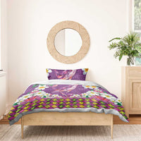 Hawaiian Plumeria and Humpback Whales Bedding Set Polynerian Art Tattoo-Mauve Color