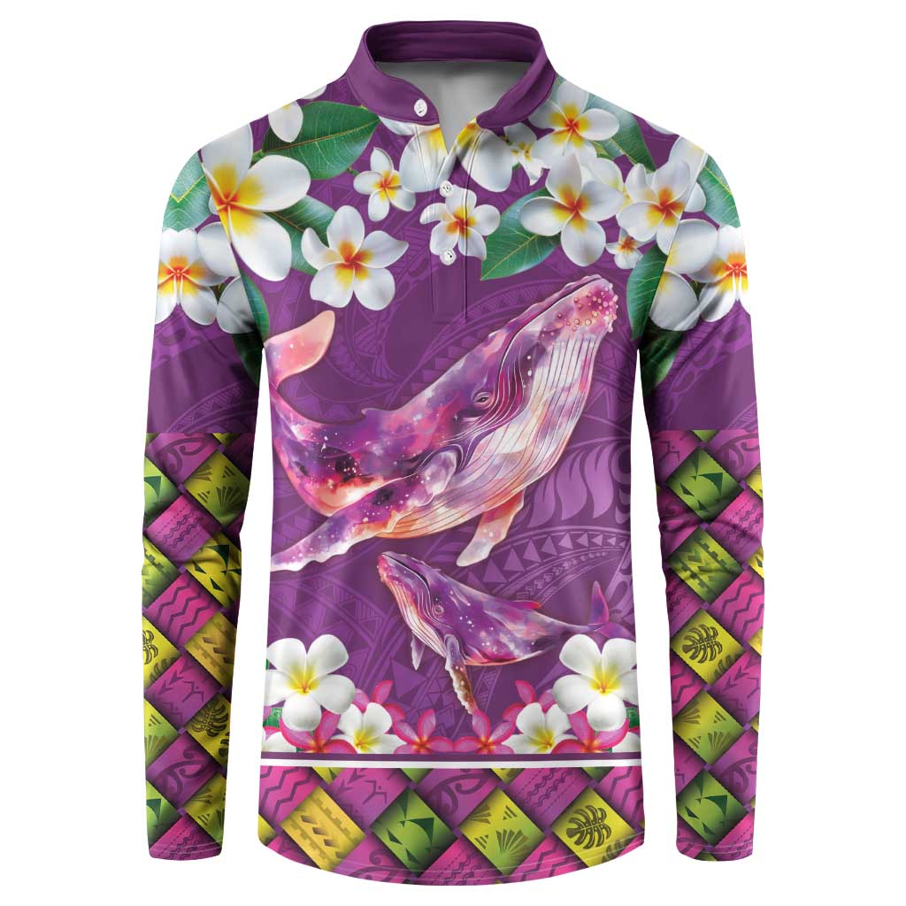 Hawaiian Plumeria and Humpback Whales Button Sweatshirt Polynerian Art Tattoo-Mauve Color