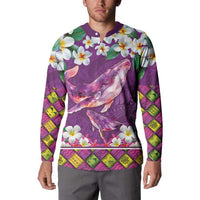Hawaiian Plumeria and Humpback Whales Button Sweatshirt Polynerian Art Tattoo-Mauve Color