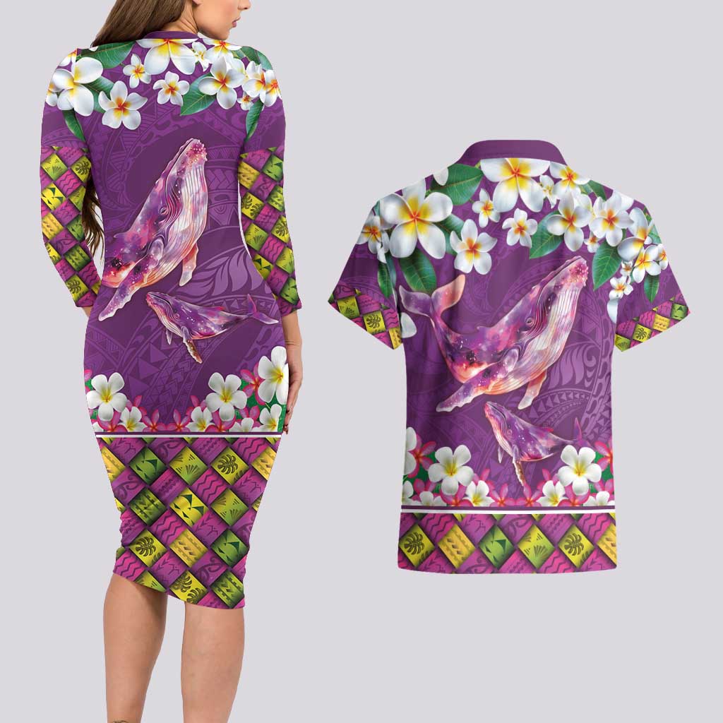 Hawaiian Plumeria and Humpback Whales Couples Matching Long Sleeve Bodycon Dress and Hawaiian Shirt Polynerian Art Tattoo-Mauve Color LT03 - Polynesian Pride
