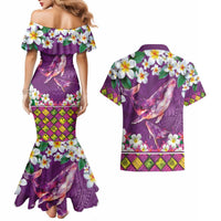 Hawaiian Plumeria and Humpback Whales Couples Matching Mermaid Dress and Hawaiian Shirt Polynerian Art Tattoo-Mauve Color LT03 - Polynesian Pride