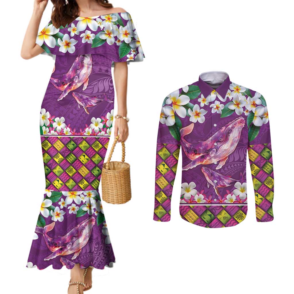 Hawaiian Plumeria and Humpback Whales Couples Matching Mermaid Dress and Long Sleeve Button Shirt Polynerian Art Tattoo-Mauve Color LT03 Purple - Polynesian Pride