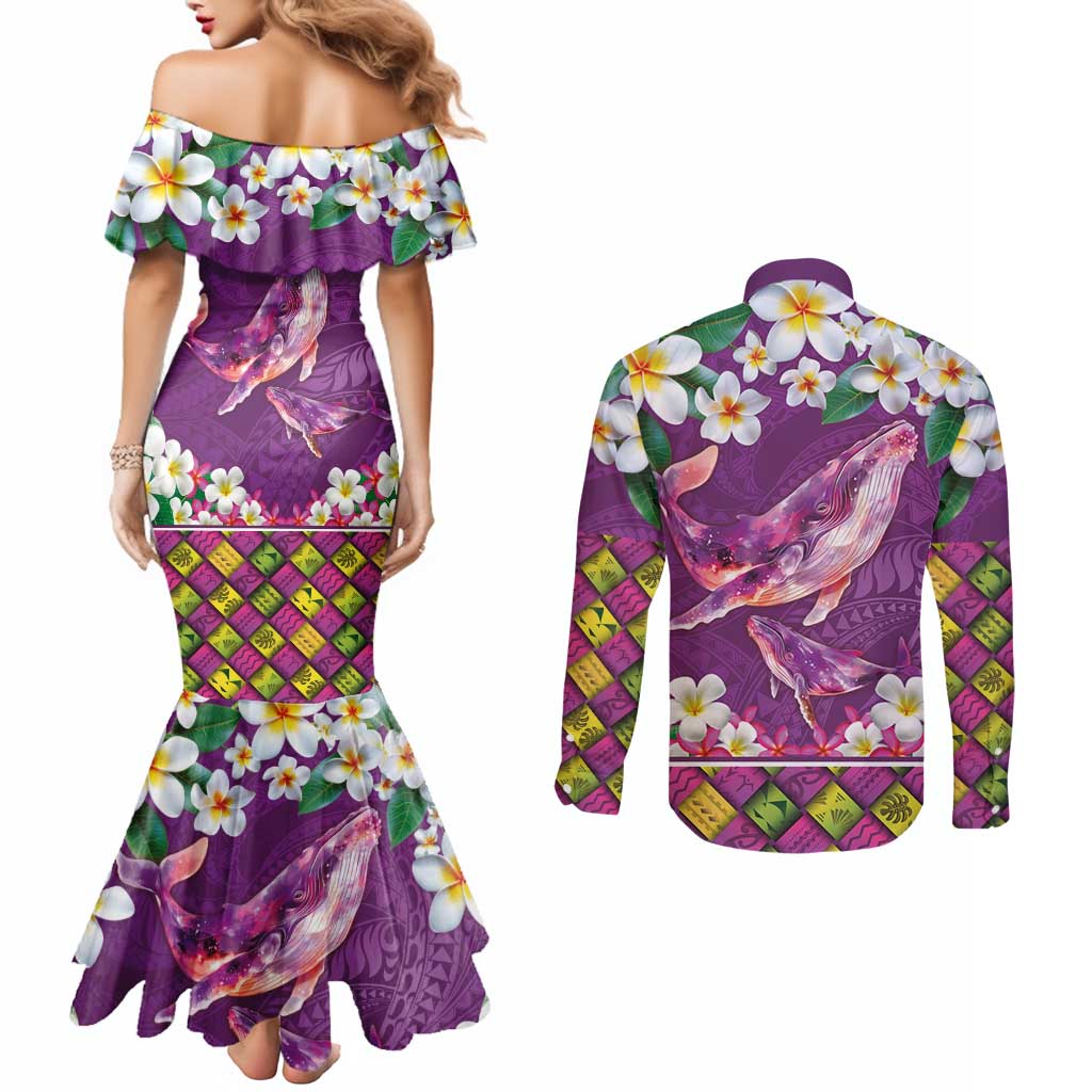 Hawaiian Plumeria and Humpback Whales Couples Matching Mermaid Dress and Long Sleeve Button Shirt Polynerian Art Tattoo-Mauve Color LT03 - Polynesian Pride