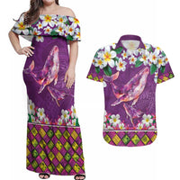 Hawaiian Plumeria and Humpback Whales Couples Matching Off Shoulder Maxi Dress and Hawaiian Shirt Polynerian Art Tattoo-Mauve Color LT03 Purple - Polynesian Pride