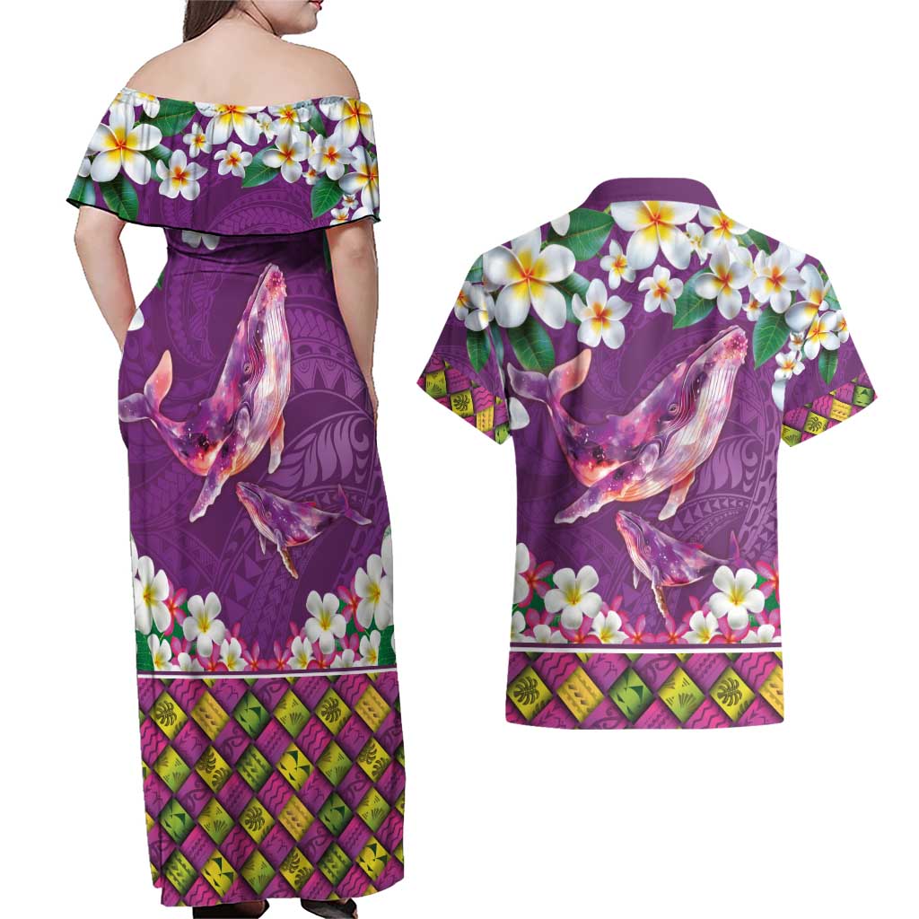 Hawaiian Plumeria and Humpback Whales Couples Matching Off Shoulder Maxi Dress and Hawaiian Shirt Polynerian Art Tattoo-Mauve Color LT03 - Polynesian Pride