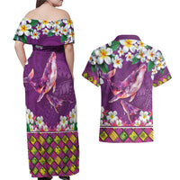 Hawaiian Plumeria and Humpback Whales Couples Matching Off Shoulder Maxi Dress and Hawaiian Shirt Polynerian Art Tattoo-Mauve Color LT03 - Polynesian Pride