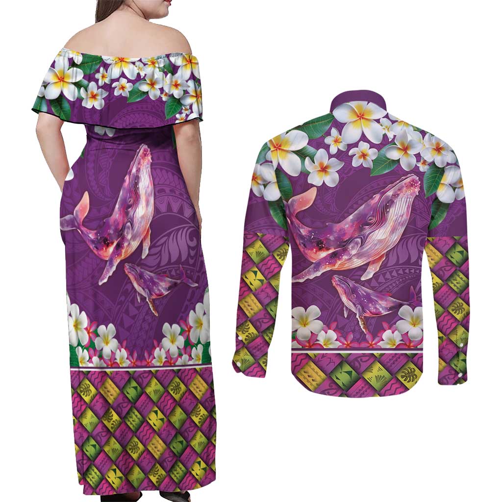 Hawaiian Plumeria and Humpback Whales Couples Matching Off Shoulder Maxi Dress and Long Sleeve Button Shirt Polynerian Art Tattoo-Mauve Color LT03 - Polynesian Pride
