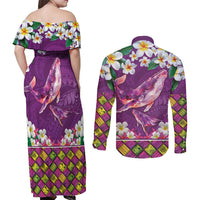 Hawaiian Plumeria and Humpback Whales Couples Matching Off Shoulder Maxi Dress and Long Sleeve Button Shirt Polynerian Art Tattoo-Mauve Color LT03 - Polynesian Pride
