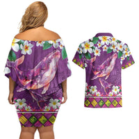 Hawaiian Plumeria and Humpback Whales Couples Matching Off Shoulder Short Dress and Hawaiian Shirt Polynerian Art Tattoo-Mauve Color LT03 - Polynesian Pride